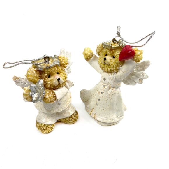 Pair of Angel Teddy Bear Ornaments with Star and Heart with thread hangars - Picture 1 of 9